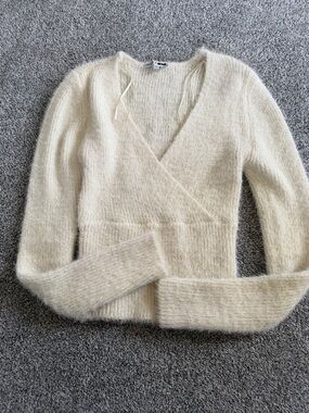Fashion Nova Cream V-Neck Fuzzy Wrap Sweater